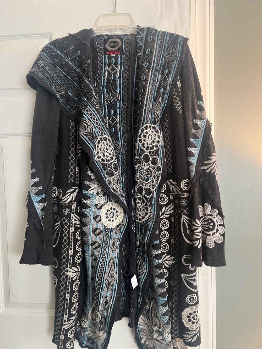 Johnny Was Gray, Blue & White Embroidered Hooded Duster